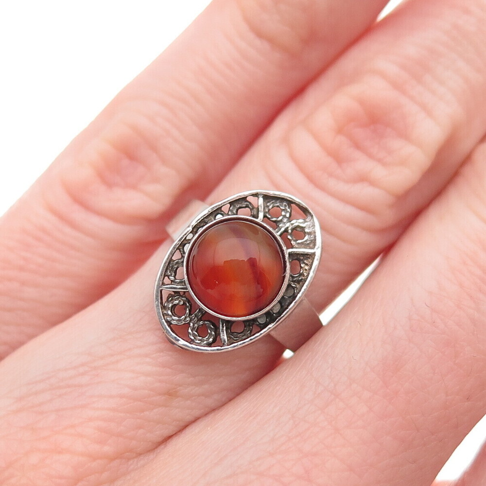 925 Sterling Silver Vintage Real Agate Filigree Adjustable Ring Size 5.75